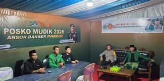 Polres OKI Bersama GP Ansor Dirikan Posko Mudik 2026 Ansor Banser Presisi di Desa Tugu Mulyo