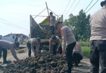 Brimob Bersinergi dengan Warga Perbaiki Jalan Rusak di Lampung Timur