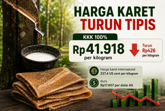 Awal Bulan, Harga Karet Turun Tipis Jadi Rp41.918 per Kg